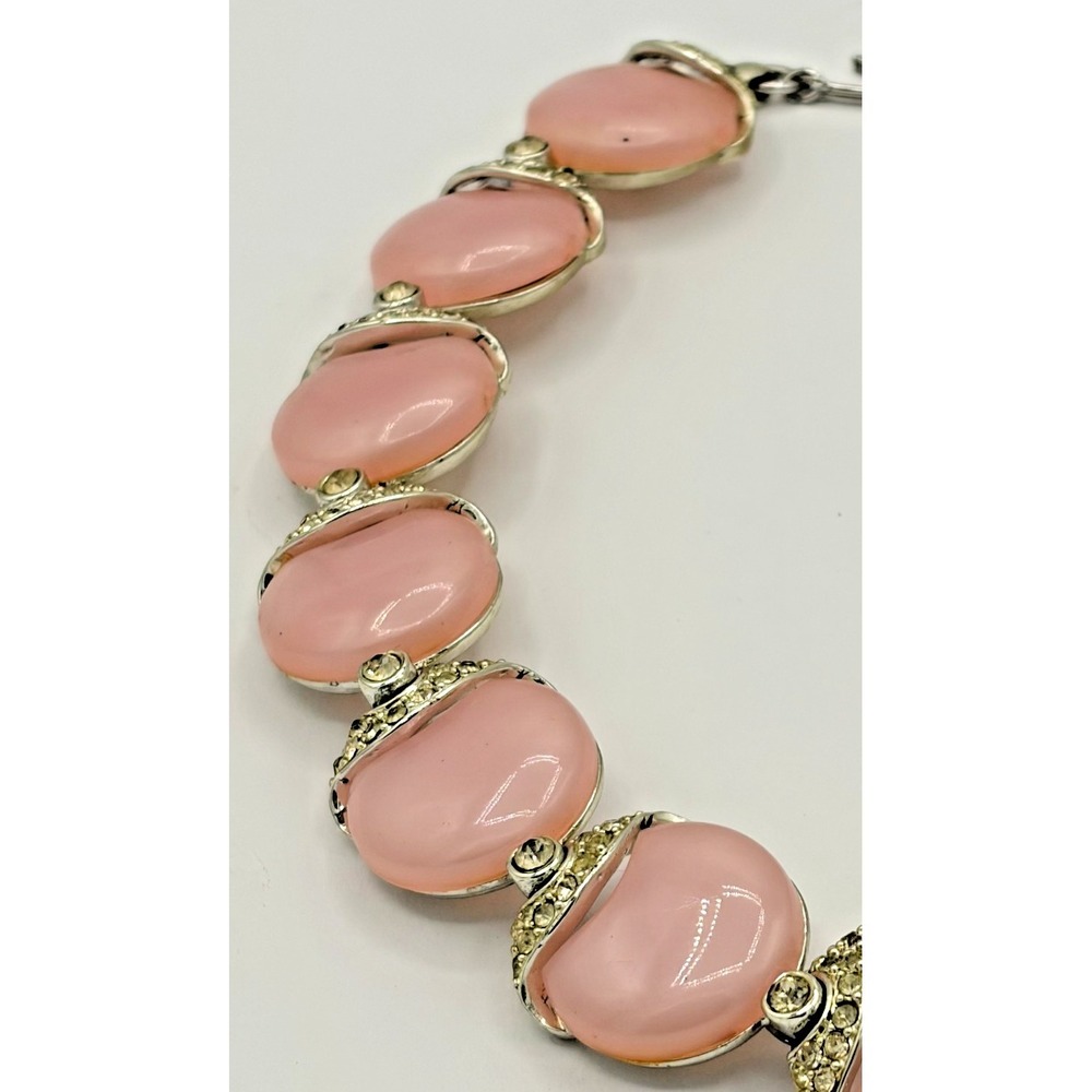 Vintage KRAMER 1950s Silver Toned Pink Cabochon Rhinestone Choker Necklace